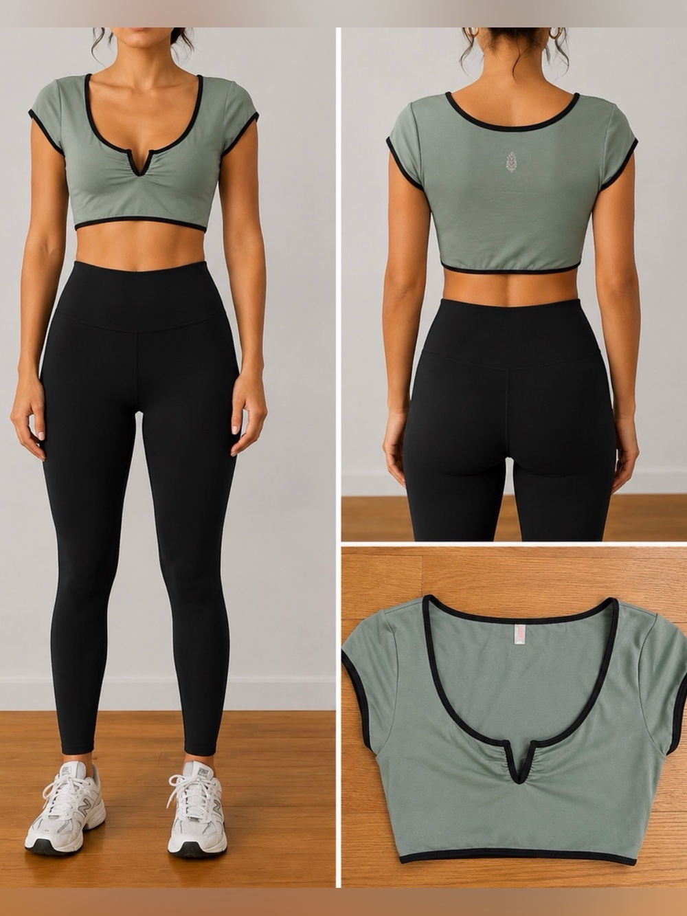 Free People Sage Green Crop Top with Black Trim